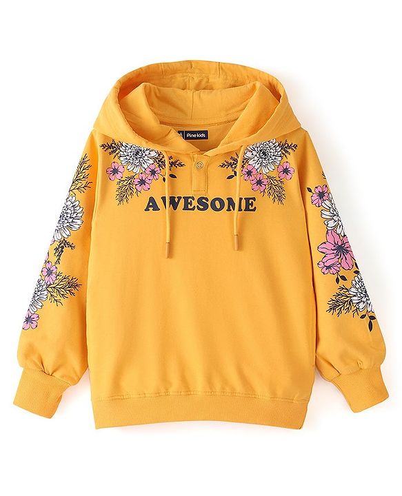 Pine Kids 100% Cotton Knit Full Sleeve Bio Washed Floral Printed Hooded Sweatshirt - Yellow