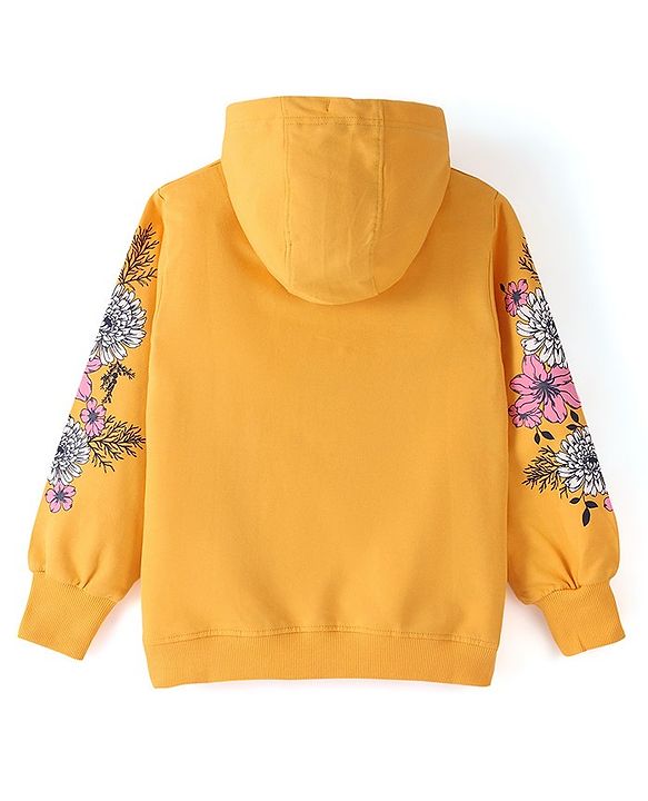 Pine Kids 100% Cotton Knit Full Sleeve Bio Washed Floral Printed Hooded Sweatshirt - Yellow