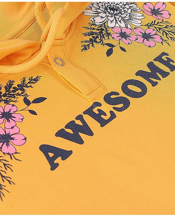 Pine Kids 100% Cotton Knit Full Sleeve Bio Washed Floral Printed Hooded Sweatshirt - Yellow