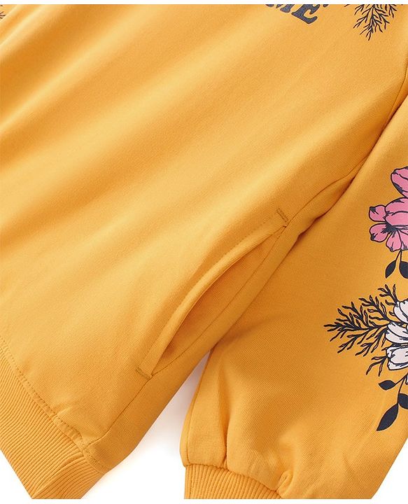 Pine Kids 100% Cotton Knit Full Sleeve Bio Washed Floral Printed Hooded Sweatshirt - Yellow