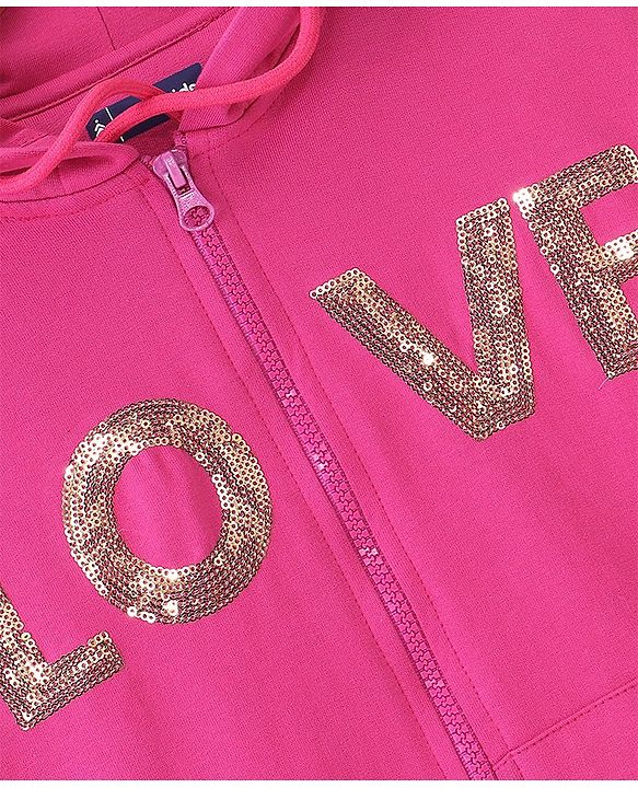 Pine Kids Biowashed Full Sleeve Hooded Sweatshirt With Sequine Detailing - Pink
