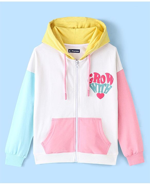 Pine Kids Cotton Knit Full Sleeves Front Open Hooded Biowashed Sweatshirt with Text Print - Blue Pink & Yellow