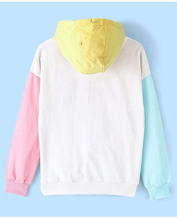 Pine Kids Cotton Knit Full Sleeves Front Open Hooded Biowashed Sweatshirt with Text Print - Blue Pink & Yellow