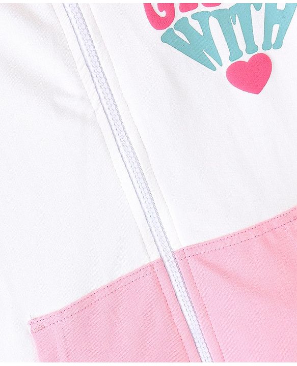 Pine Kids Cotton Knit Full Sleeves Front Open Hooded Biowashed Sweatshirt with Text Print - Blue Pink & Yellow