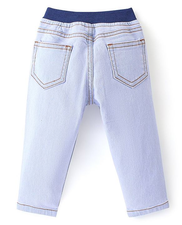 Babyhug Denim Washed Full Length Stretchable Jeans With Tiger Applique - Blue