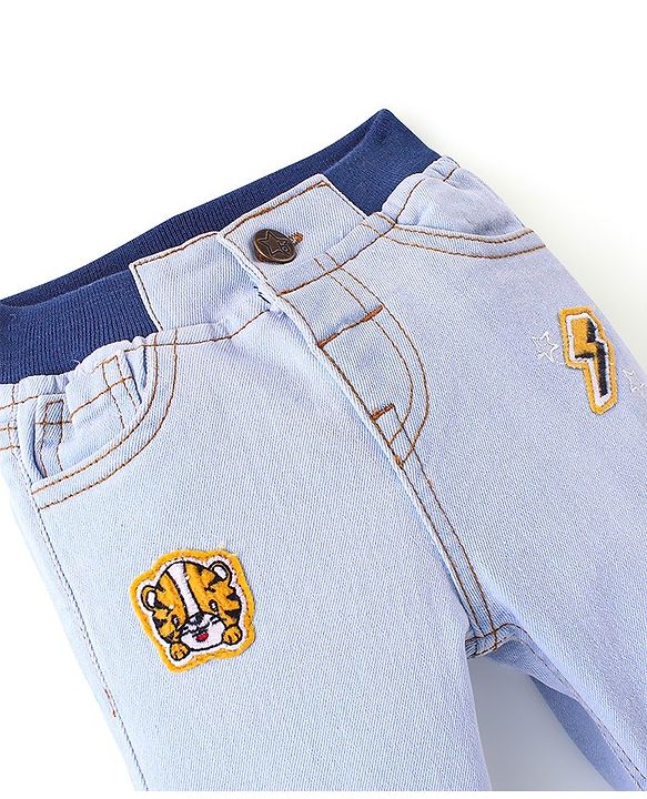 Babyhug Denim Washed Full Length Stretchable Jeans With Tiger Applique - Blue