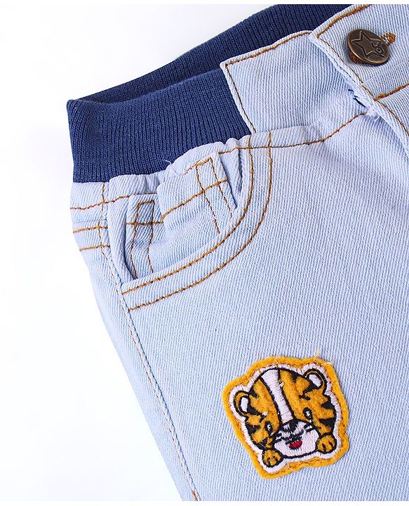 Babyhug Denim Washed Full Length Stretchable Jeans With Tiger Applique - Blue