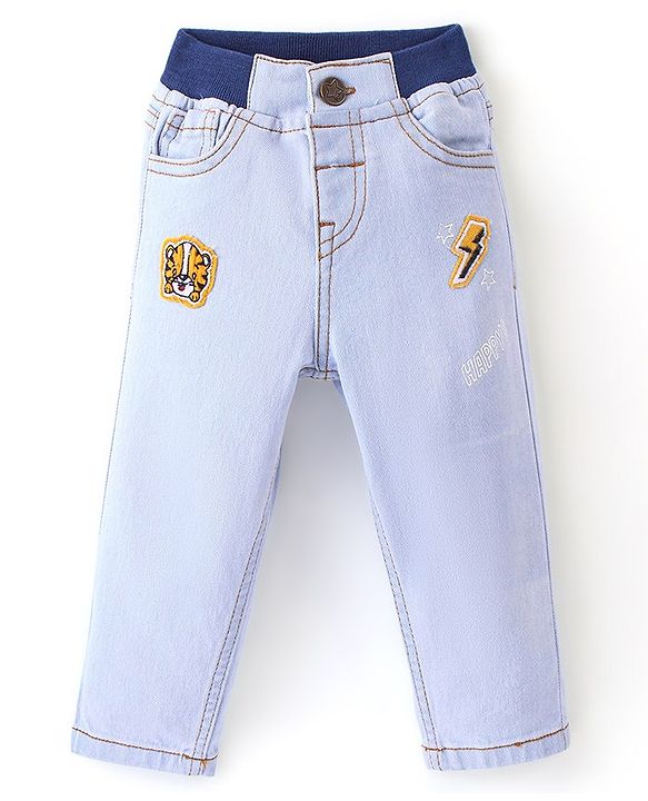 Babyhug Denim Washed Full Length Stretchable Jeans With Tiger Applique - Blue