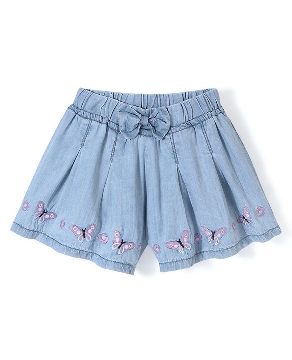 Babyhug 100% Cotton Mid Thigh Length Washed Stretchable Denim Shorts Butterfly Embroidery - Blue