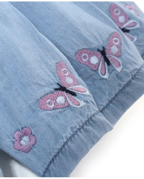 Babyhug 100% Cotton Mid Thigh Length Washed Stretchable Denim Shorts Butterfly Embroidery - Blue