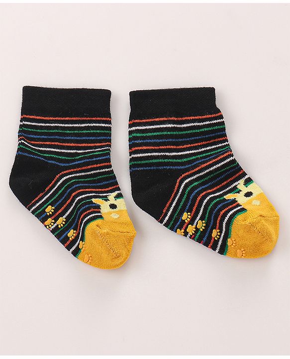 Cutewalk by Babyhug Cotton Anti-Bacterial Anti-Skid Ankle Length Striped & Giraffe Design Socks Pack of 3 - Yellow & Grey