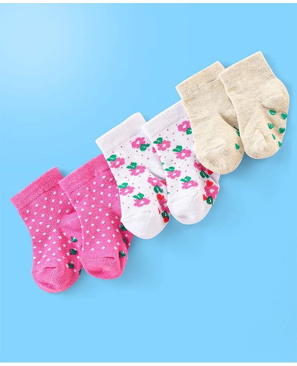 Cute Walk by Babyhug Anti Bacterial Anti Skid Ankle Length Cotton Knit Socks Floral Design Pack of 3 - Pink White & Beige
