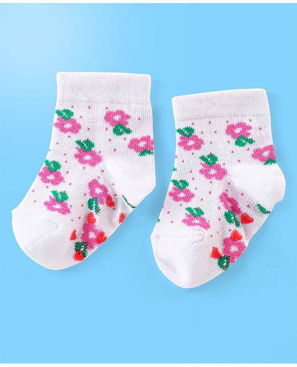 Cute Walk by Babyhug Anti Bacterial Anti Skid Ankle Length Cotton Knit Socks Floral Design Pack of 3 - Pink White & Beige