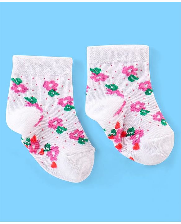 Cute Walk by Babyhug Anti Bacterial Anti Skid Ankle Length Cotton Knit Socks Floral Design Pack of 3 - Pink White & Beige