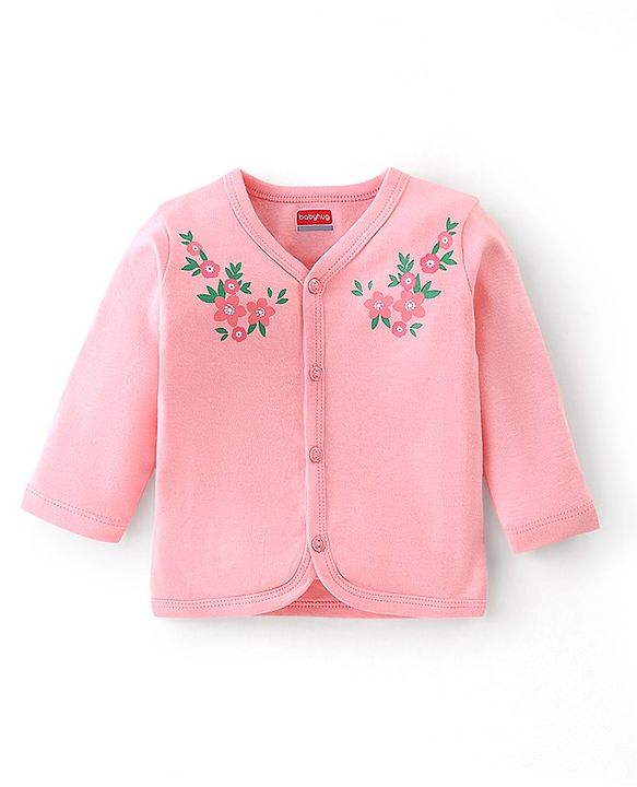 Babyhug 100% Cotton Full Sleeves Front Open Vests Floral & Dot Print Pack of 3- Pink Blue & Red