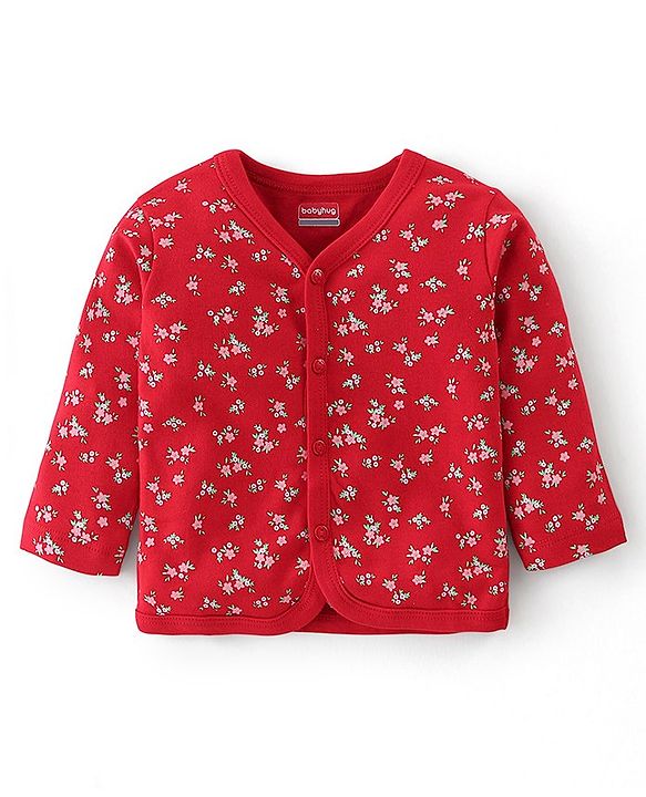 Babyhug 100% Cotton Full Sleeves Front Open Vests Floral & Dot Print Pack of 3- Pink Blue & Red