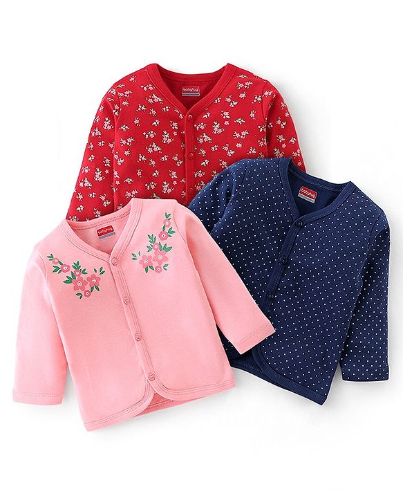 Babyhug 100% Cotton Full Sleeves Front Open Vests Floral & Dot Print Pack of 3- Pink Blue & Red