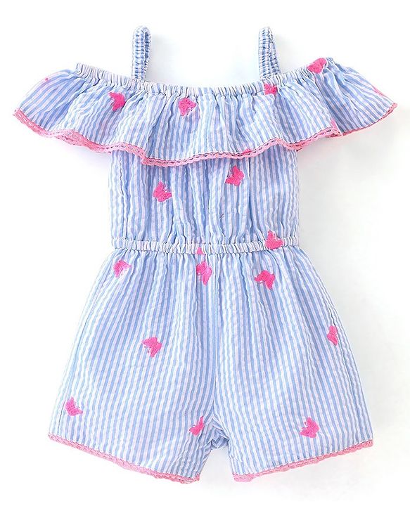 Babyhug 100% Cotton Woven Sleeveless Yarn Dyed Striped Jumpsuit Butterfly Embroidery - Blue