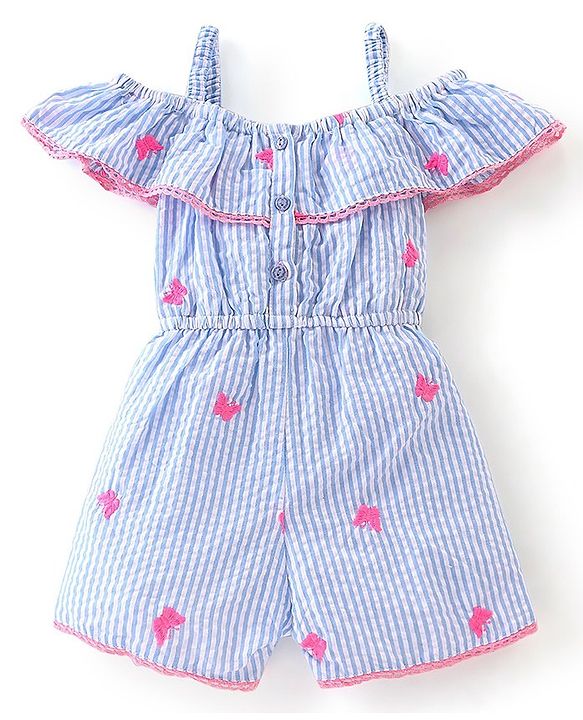 Babyhug 100% Cotton Woven Sleeveless Yarn Dyed Striped Jumpsuit Butterfly Embroidery - Blue
