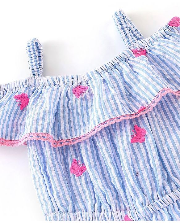 Babyhug 100% Cotton Woven Sleeveless Yarn Dyed Striped Jumpsuit Butterfly Embroidery - Blue