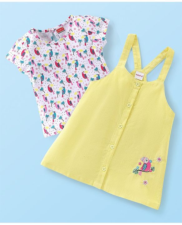 Babyhug Cotton Knit Short Sleeves Inner Tee with Corduroy Frock Parrot Printed  - Yellow