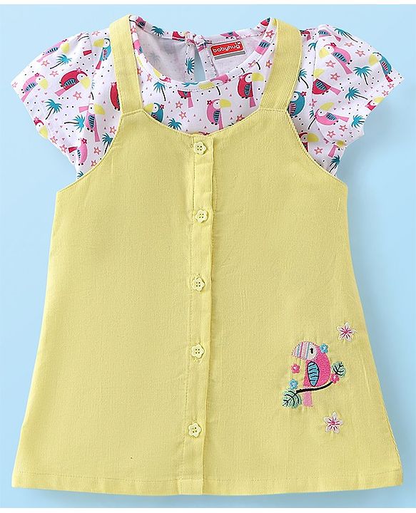 Babyhug Cotton Knit Short Sleeves Inner Tee with Corduroy Frock Parrot Printed  - Yellow
