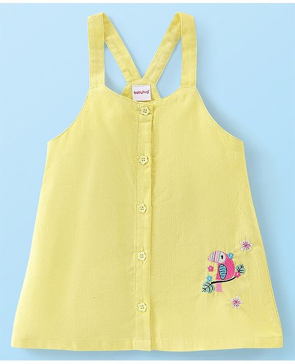 Babyhug Cotton Knit Short Sleeves Inner Tee with Corduroy Frock Parrot Printed  - Yellow