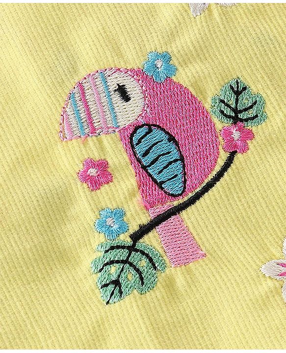 Babyhug Cotton Knit Short Sleeves Inner Tee with Corduroy Frock Parrot Printed  - Yellow