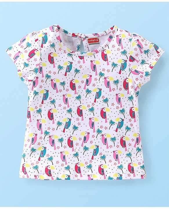 Babyhug Cotton Knit Short Sleeves Inner Tee with Corduroy Frock Parrot Printed  - Yellow