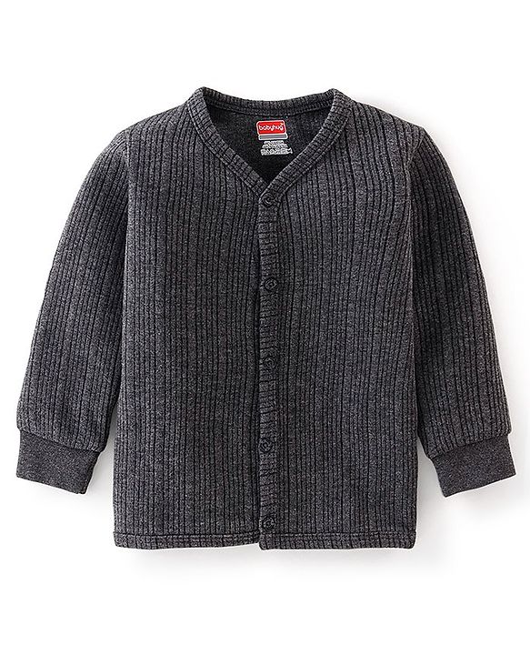 Babyhug Cotton Full Sleeves Front Open Thermal Vest With Solid Colour - Dark Grey