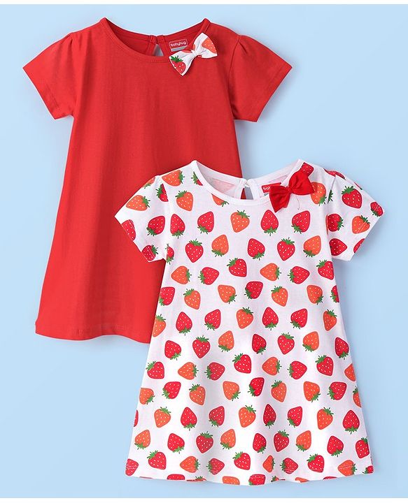 Babyhug Knit Half Sleeves Frocks Strawberry Printed with Bow Applique - White & Red