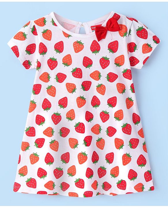 Babyhug Knit Half Sleeves Frocks Strawberry Printed with Bow Applique - White & Red