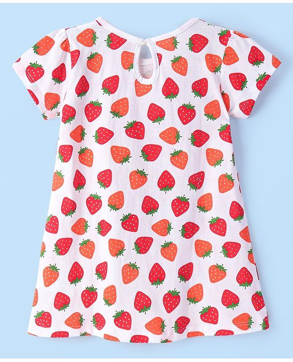 Babyhug Knit Half Sleeves Frocks Strawberry Printed with Bow Applique - White & Red