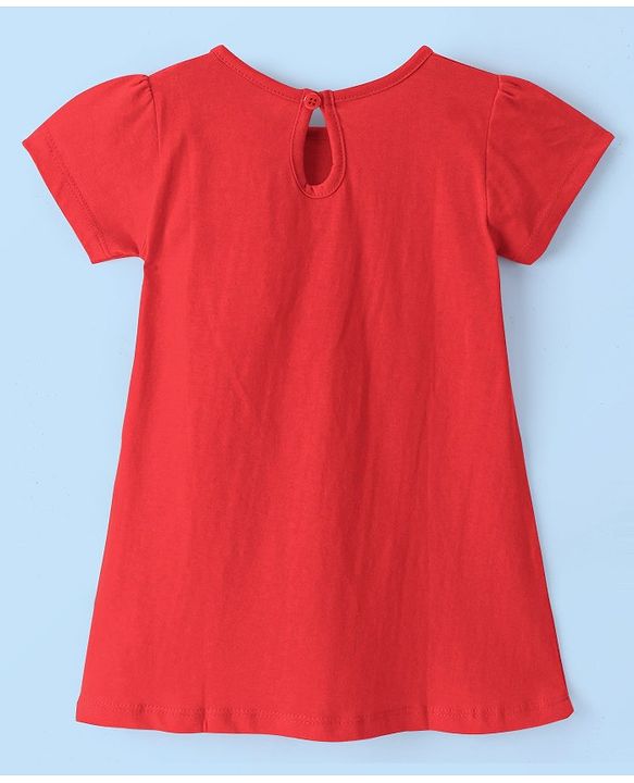 Babyhug Knit Half Sleeves Frocks Strawberry Printed with Bow Applique - White & Red