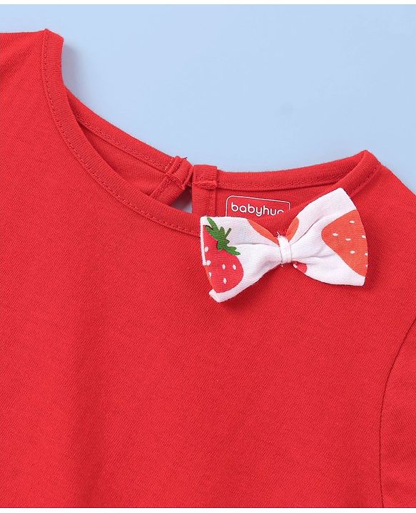 Babyhug Knit Half Sleeves Frocks Strawberry Printed with Bow Applique - White & Red