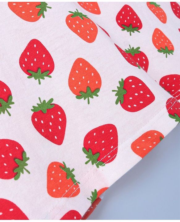 Babyhug Knit Half Sleeves Frocks Strawberry Printed with Bow Applique - White & Red