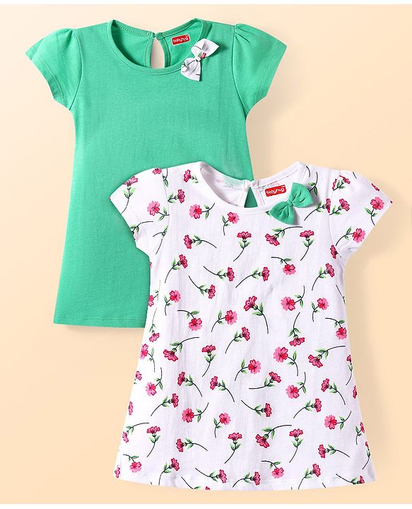 Babyhug Cotton Knit Half Sleeves Frocks With Floral Print Pack of 2 - White & Green