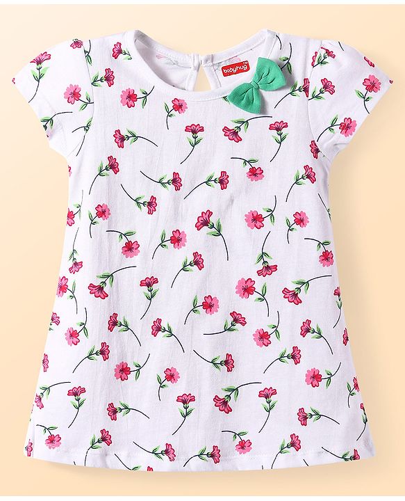 Babyhug Cotton Knit Half Sleeves Frocks With Floral Print Pack of 2 - White & Green