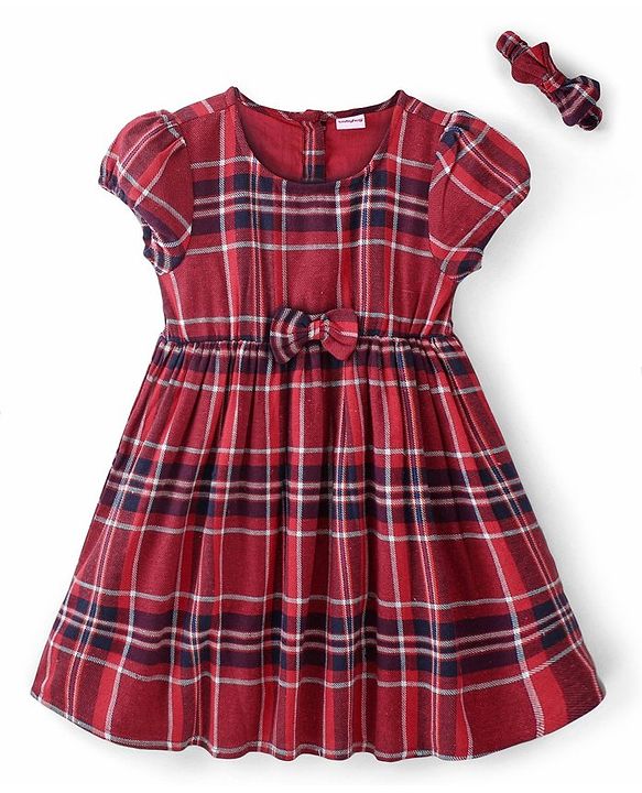 Babyhug Cotton Yarndyed Half Sleeves Checkered Dress with Headband - Red
