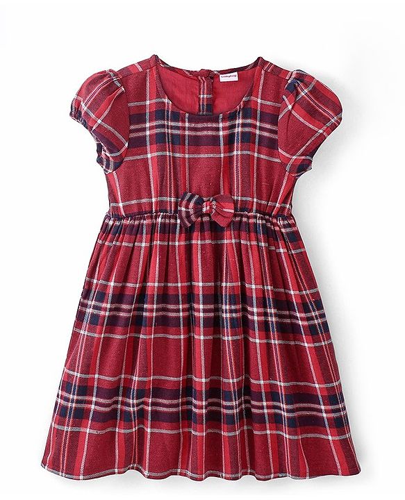 Babyhug Cotton Yarndyed Half Sleeves Checkered Dress with Headband - Red