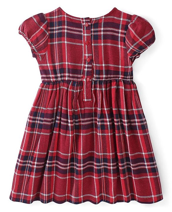 Babyhug Cotton Yarndyed Half Sleeves Checkered Dress with Headband - Red