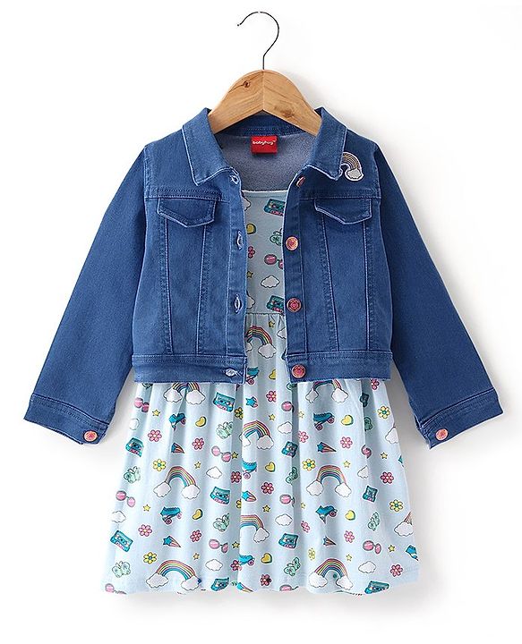 Babyhug Cotton Spandex Knit Floral Printed Singlet Frock with Full Sleeves Denim Jacket - Blue