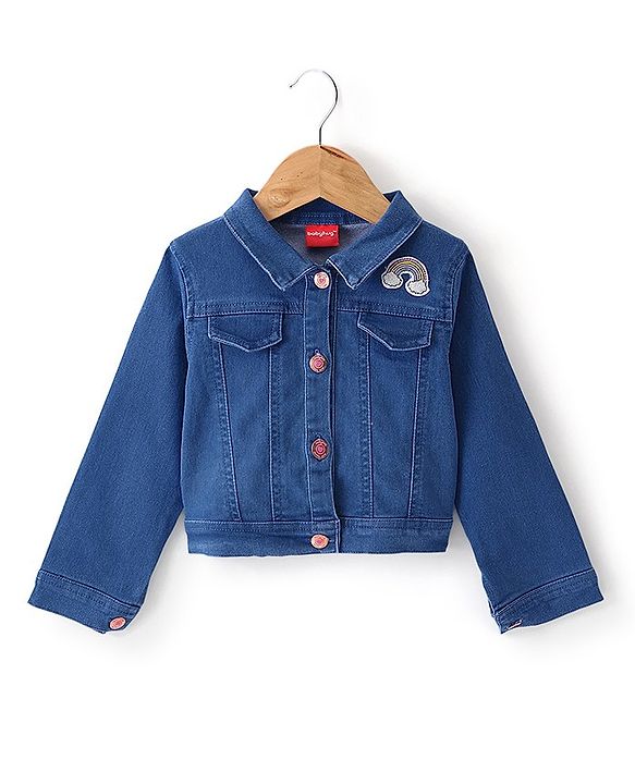 Babyhug Cotton Spandex Knit Floral Printed Singlet Frock with Full Sleeves Denim Jacket - Blue