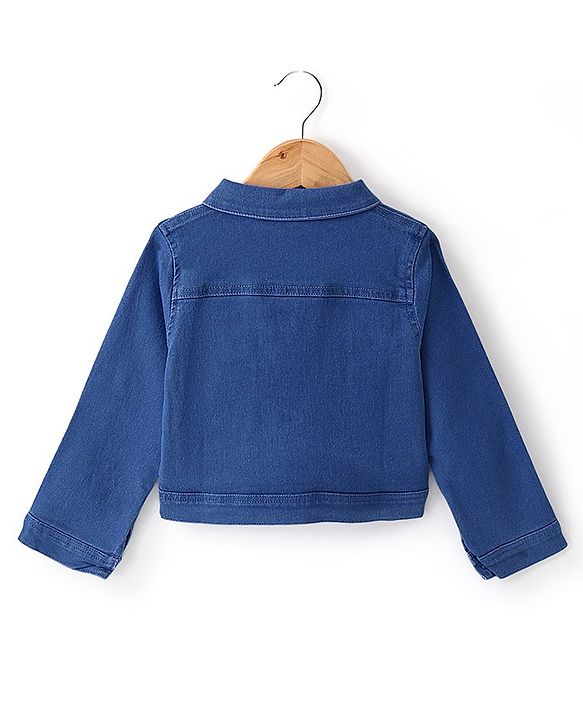 Babyhug Cotton Spandex Knit Floral Printed Singlet Frock with Full Sleeves Denim Jacket - Blue