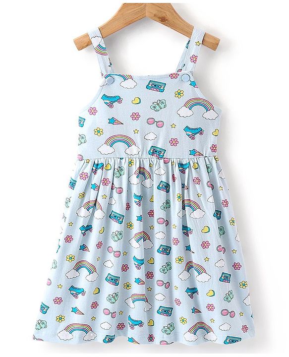 Babyhug Cotton Spandex Knit Floral Printed Singlet Frock with Full Sleeves Denim Jacket - Blue