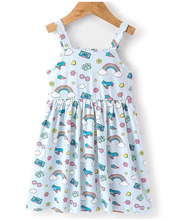Babyhug Cotton Spandex Knit Floral Printed Singlet Frock with Full Sleeves Denim Jacket - Blue