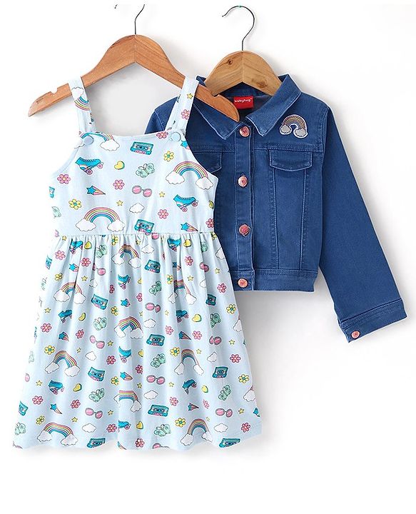 Babyhug Cotton Spandex Knit Floral Printed Singlet Frock with Full Sleeves Denim Jacket - Blue