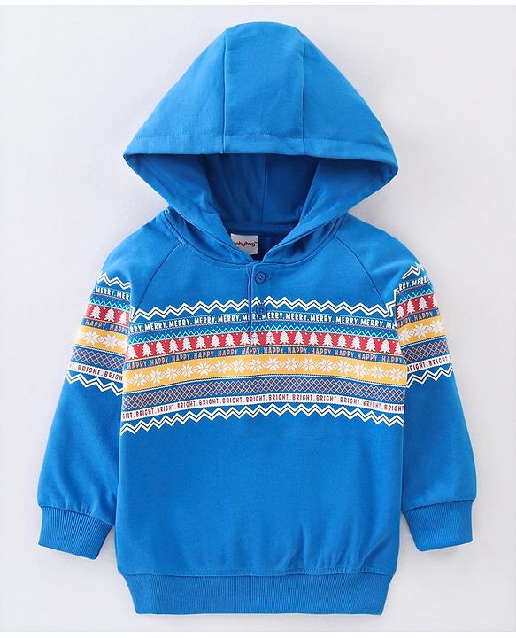 Babyhug Cotton Knit Full Sleeves Hooded Sweat Shirt With Text Design - Blue