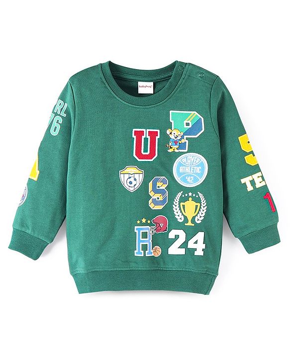 Babyhug Cotton Knit Full Sleeves Sweatshirt with Embroidered Badges - Dark Green