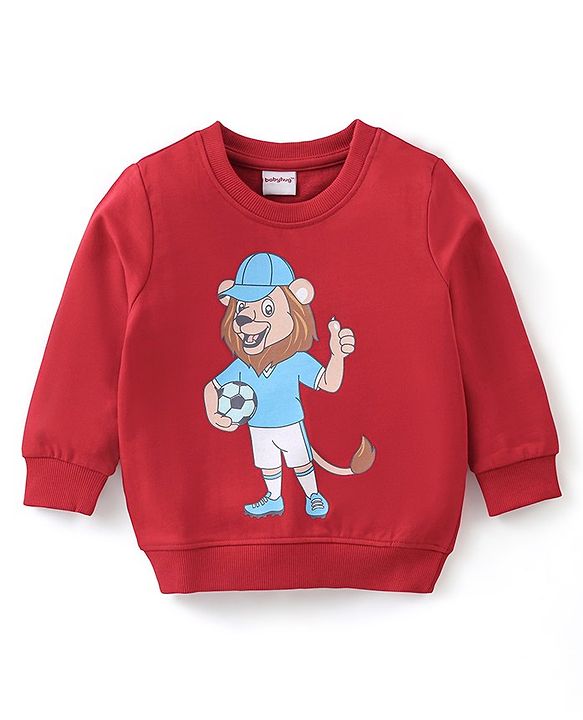 Babyhug Cotton Knit Full Sleeves Sweatshirts with Lion Graphics - Red